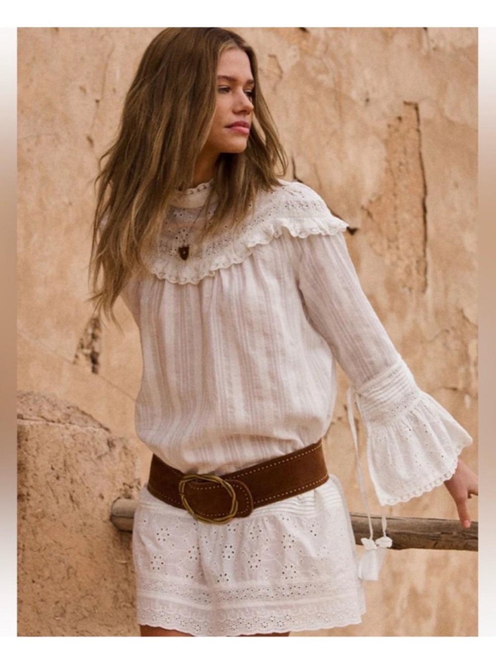 Spell x Free People Whimsy Garden Lace White Eyelet Tie-Waist Mini Dress - Picture 3 of 12